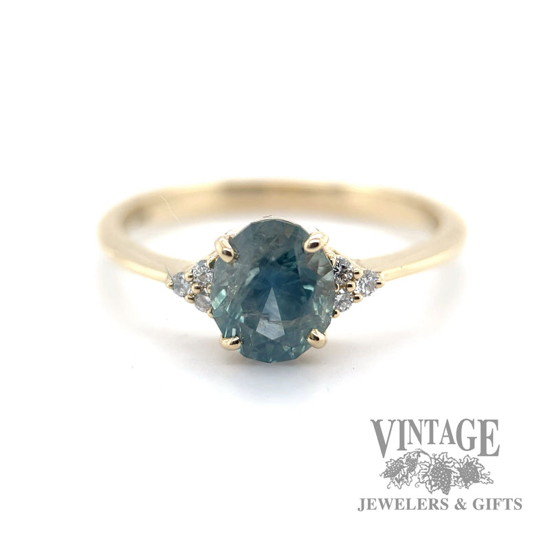 Teal Montana Sapphire Solitaire Diamond accented 14k gold ring