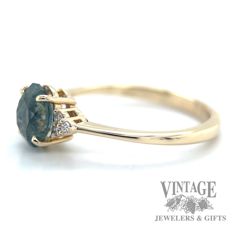 Teal Montana Sapphire Solitaire Diamond accented 14k gold ring