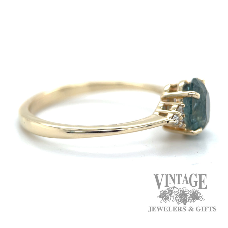 Teal Montana Sapphire Solitaire Diamond accented 14k gold ring
