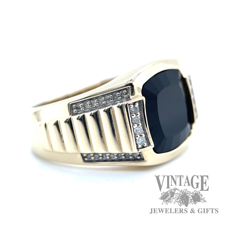 Cushion cut faceted black Onyx diamond accented 14k gold ring right