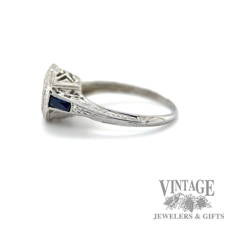 Art Deco Filigree Diamond and Sapphire 18k diamond ring left