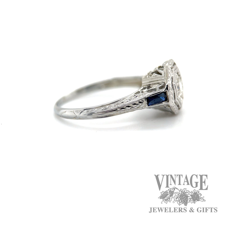 Art Deco Filigree Diamond and Sapphire 18k diamond ring right