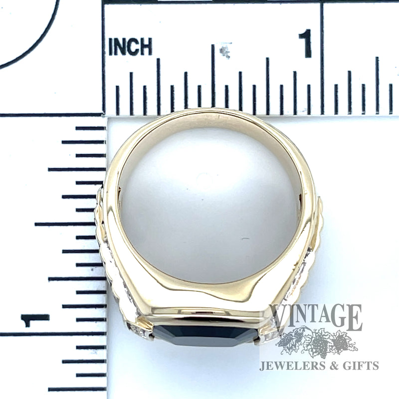 Cushion cut faceted black Onyx diamond accented 14k gold ring scale