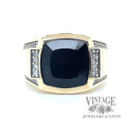 Cushion cut faceted black Onyx diamond accented 14k gold ring