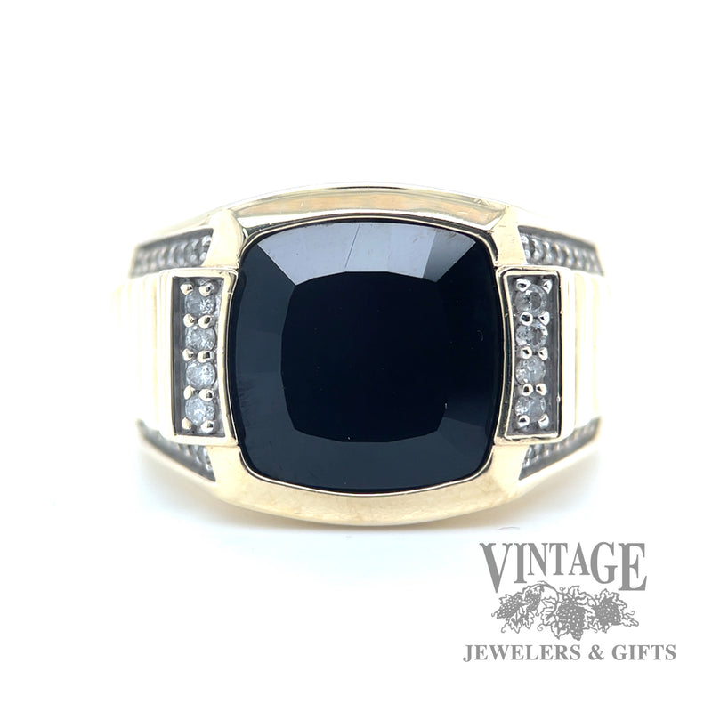 Cushion cut faceted black Onyx diamond accented 14k gold ring