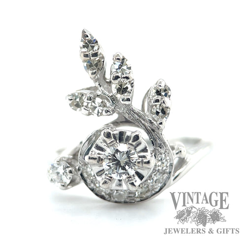 Botanical motif cluster 14k white gold diamond ring