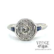 Art Deco Filigree Diamond and Sapphire 18k diamond ring