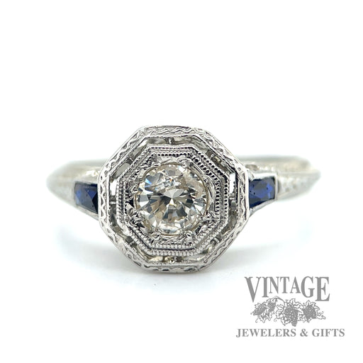 Art Deco Filigree Diamond and Sapphire 18k diamond ring