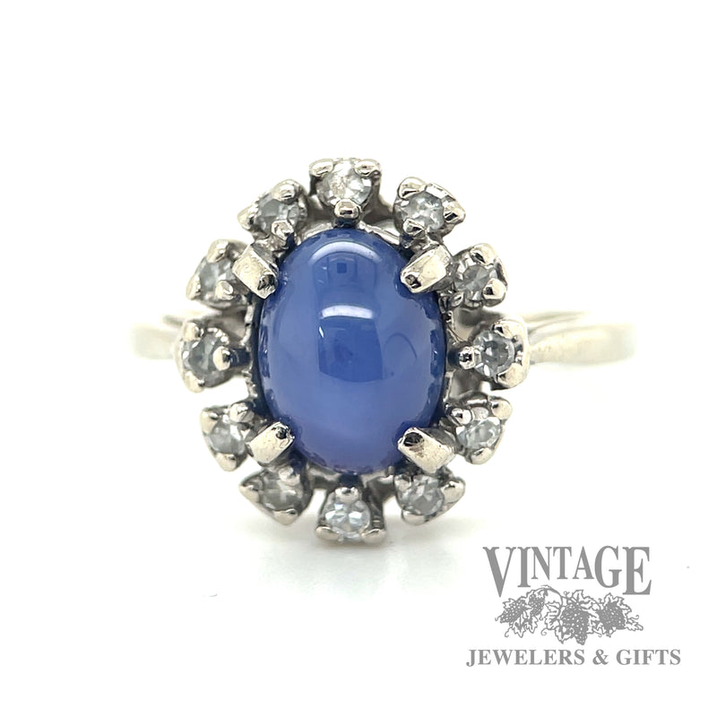 star sapphire and diamond halo 14k white gold ring