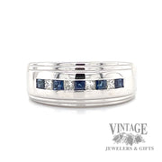 Channel set diamond and blue sapphire 14k white gold ring
