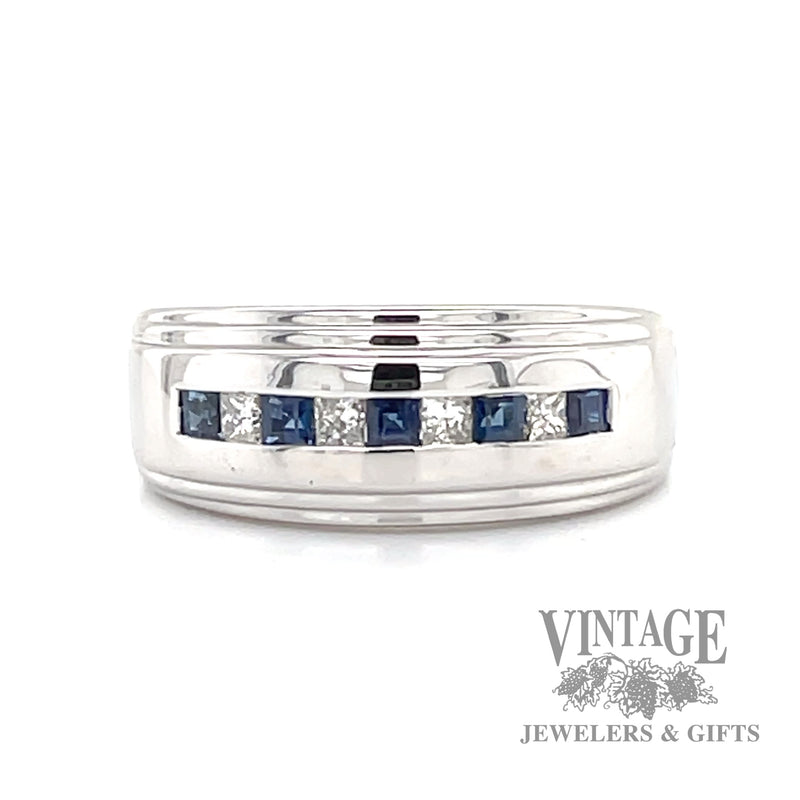 Channel set diamond and blue sapphire 14k white gold ring