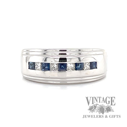 Channel set diamond and blue sapphire 14k white gold ring