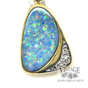 Ethiopian Black Opal 14k gold natural diamond accented pendant close up