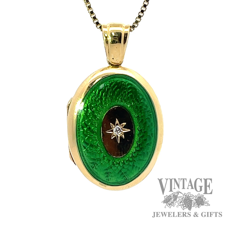 Antique Green Enameled Natural Diamond 18k gold locket Pendant