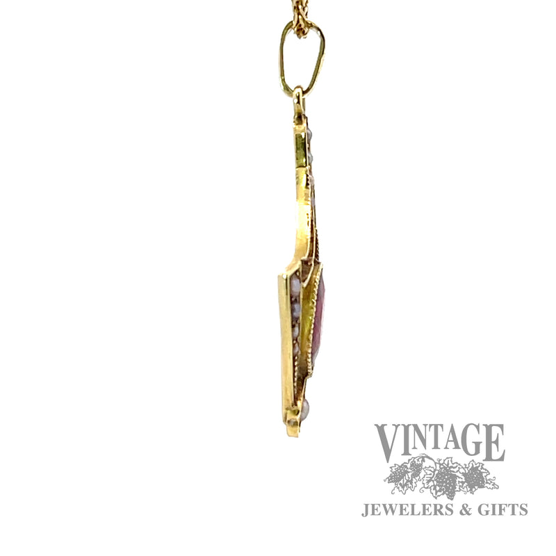 Antique Art Nouveau Lavalier Garnet and Seed Pearl 14k gold Pendant
