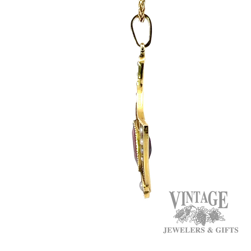Antique Art Nouveau Lavalier Garnet and Seed Pearl 14k gold Pendant