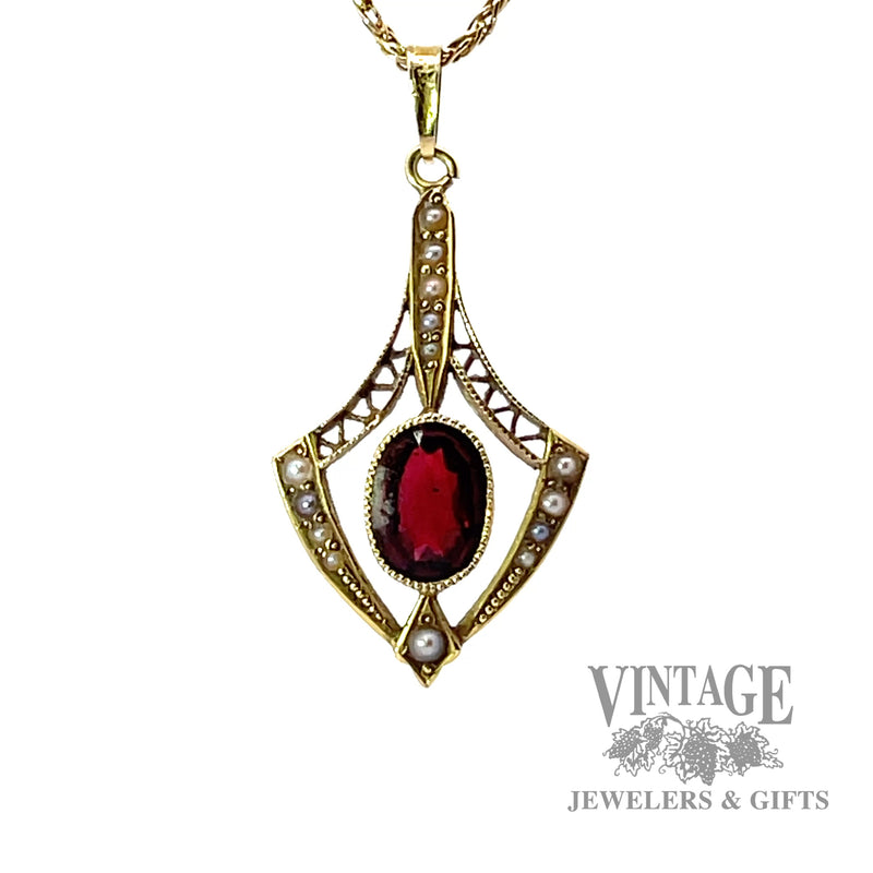 Antique Art Nouveau Lavalier Garnet and Seed Pearl 14k gold Pendant