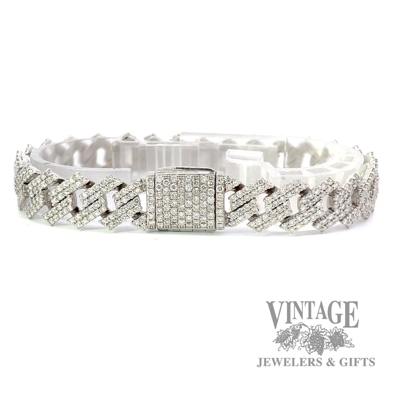 14k white gold Cuban link natural diamond mele set bracelet clasp