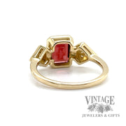 Bezel Set Emerald cut Red Garnet with Pave Natural Round Cut Diamond 14k yellow gold ring back