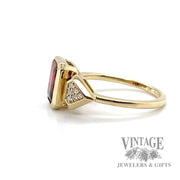 Bezel Set Emerald cut Red Garnet with Pave Natural Round Cut Diamond 14k yellow gold ring left