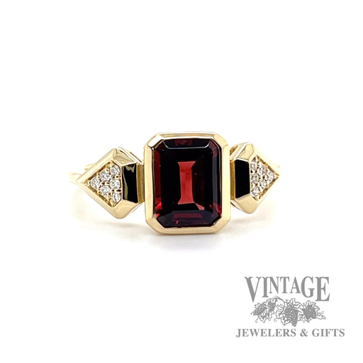 Bezel Set Emerald cut Red Garnet with Pave Natural Round Cut Diamond 14k yellow gold ring