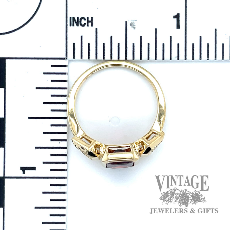 Bezel Set Emerald cut Red Garnet with Pave Natural Round Cut Diamond 14k yellow gold ring scale