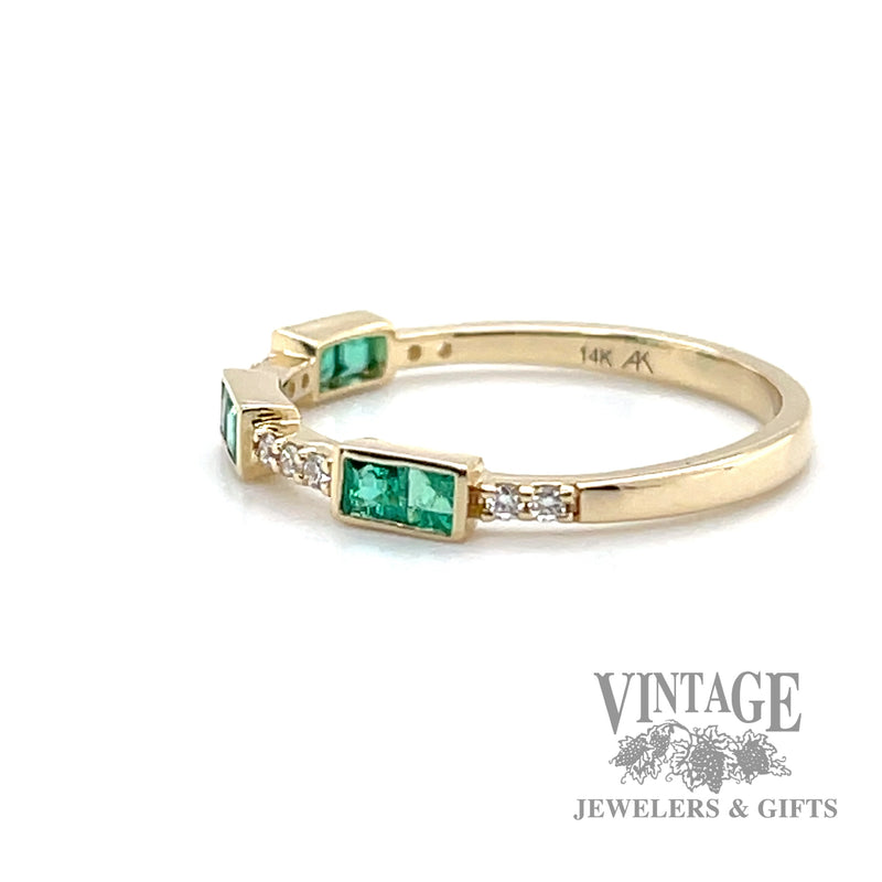 Stationary Square cut emerald and natural round cut diamond 14k gold ring .3tgw left