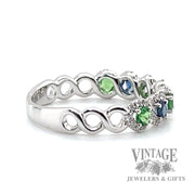 Natural Blue Sapphire and Green Tsavorite Garnet with round cut Diamond freeform 14k white gold ring right