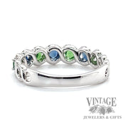 Natural Blue Sapphire and Green Tsavorite Garnet with round cut Diamond freeform 14k white gold ring back