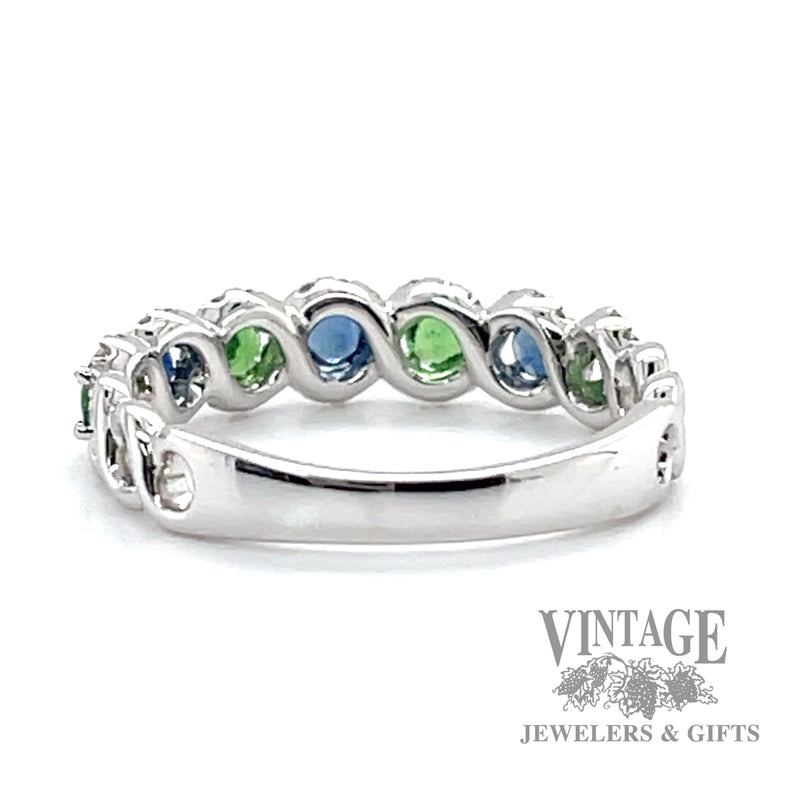 Natural Blue Sapphire and Green Tsavorite Garnet with round cut Diamond freeform 14k white gold ring back