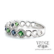 Natural Blue Sapphire and Green Tsavorite Garnet with round cut Diamond freeform 14k white gold ring left