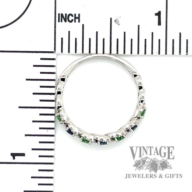 Natural Blue Sapphire and Green Tsavorite Garnet with round cut Diamond freeform 14k white gold ring scale