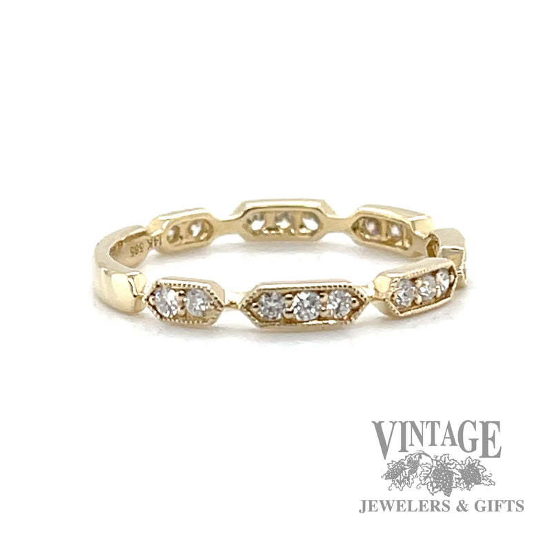 Elongated hexagonal 14k gold and diamond station ring .26 CTW