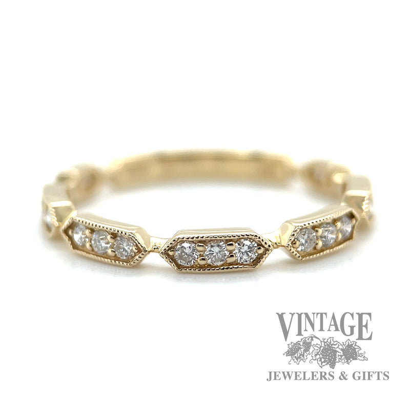 Elongated hexagonal 14k gold and diamond station ring .26 CTW