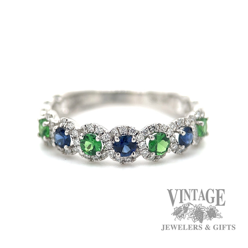 Alternating Tsavorite, Sapphire, and diamond 14k white gold ring