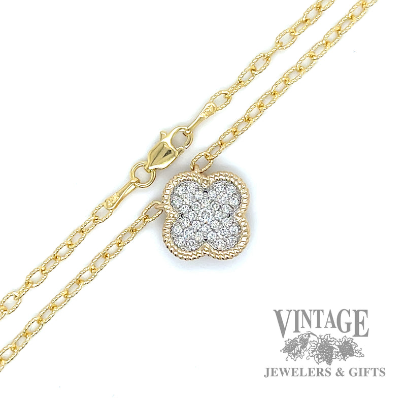 Clover Shaped Pendant with 18" Beaded Cable 14k gold necklace .32 Carats clasp