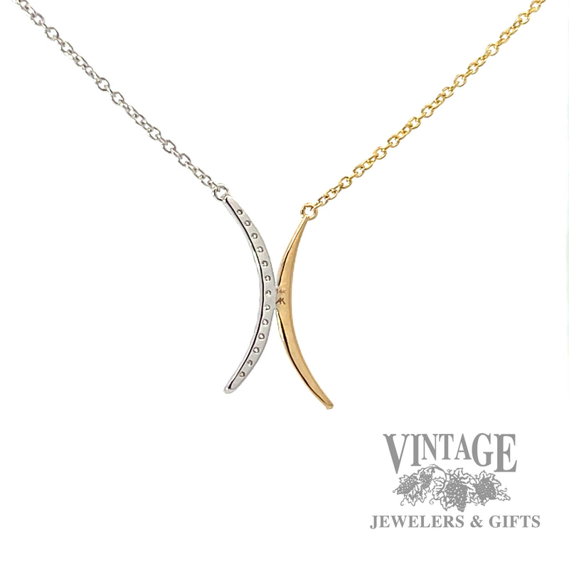 Dual Crescent Shaped two toned 14k gold Pendant with 18" Cable link necklace .14 Carats back