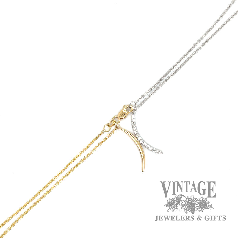 Dual Crescent Shaped two toned 14k gold Pendant with 18" Cable link necklace .14 Carats clasp