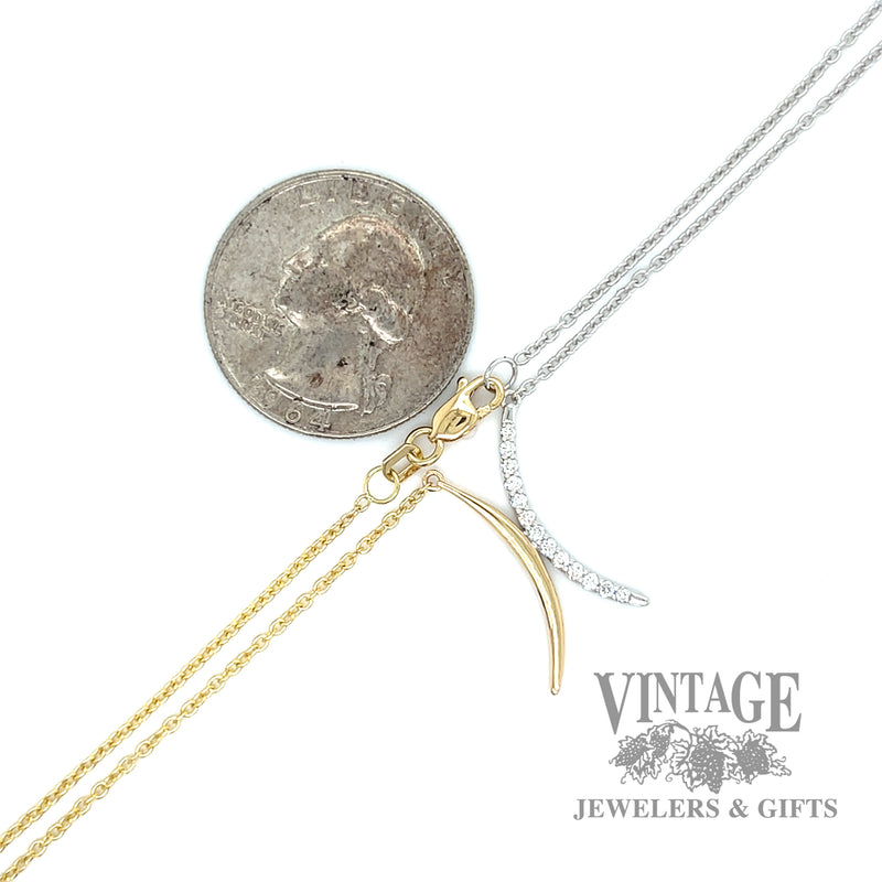 Dual Crescent Shaped two toned 14k gold Pendant with 18" Cable link necklace .14 Carats scale