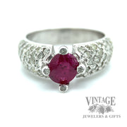 White gold pave' diamond band with natural round ruby Center 2.6tw  macro