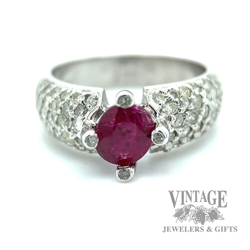 White gold pave' diamond band with natural round ruby Center 2.6tw  macro