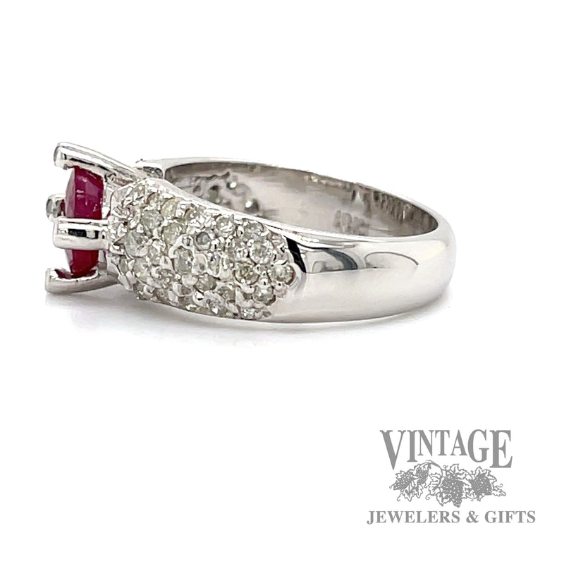 White gold pave' diamond band with natural round ruby Center 2.6tw left