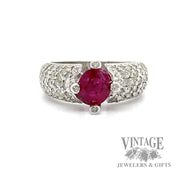 White gold pave' diamond band with natural round ruby Center 2.6tw 