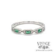 Emerald and natural diamond accented 14k white gold ring .12tw