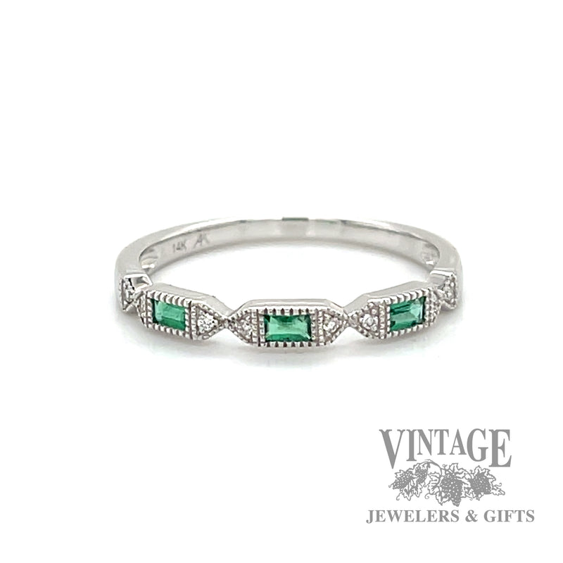 Emerald and natural diamond accented 14k white gold ring .12tw