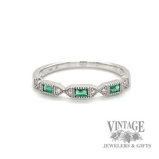 Emerald and natural diamond accented 14k white gold ring .12tw