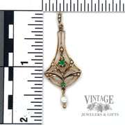 Antique Lavalier Natural Emerald and Pearl 10k gold Pendant scale