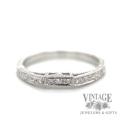 Notched Vintage Inspired 18k White Gold and Diamond Ring Band Macro