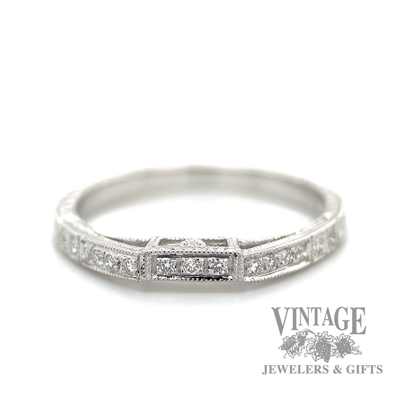 Notched Vintage Inspired 18k White Gold and Diamond Ring Band Macro