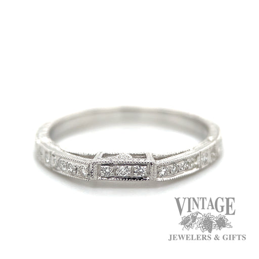 Notched Vintage Inspired 18k White Gold and Diamond Ring Band Macro